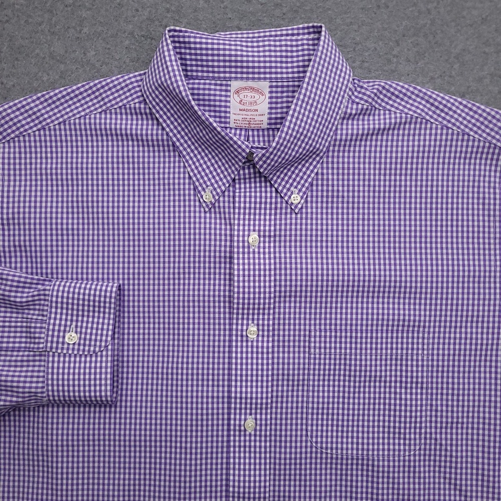 Brooks Brothers Dress Shirt Mens 17 33 Madison Fit Non Iron Stretch Purple Check